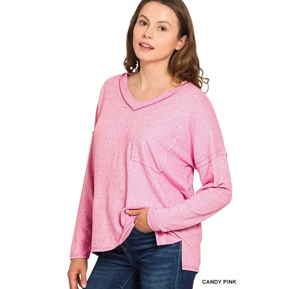 Zenana Soft Melange Hacci Exposed Seam Coin Pocket Tee